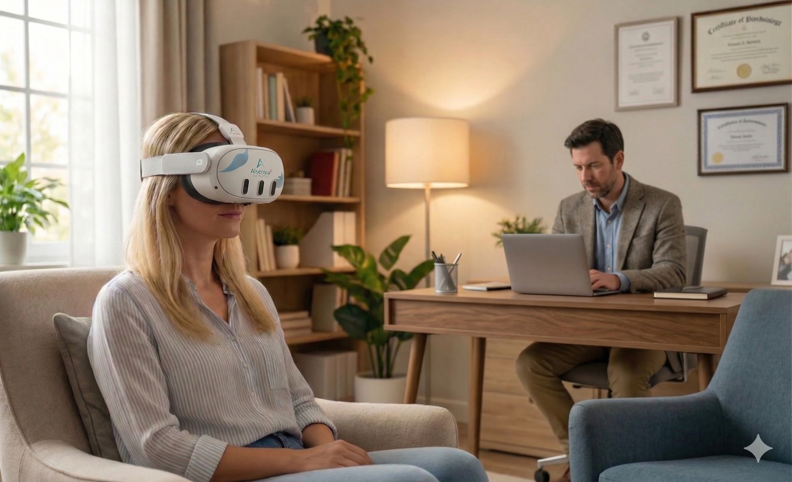 Psychiatrist guiding a patient through a VR-assisted session