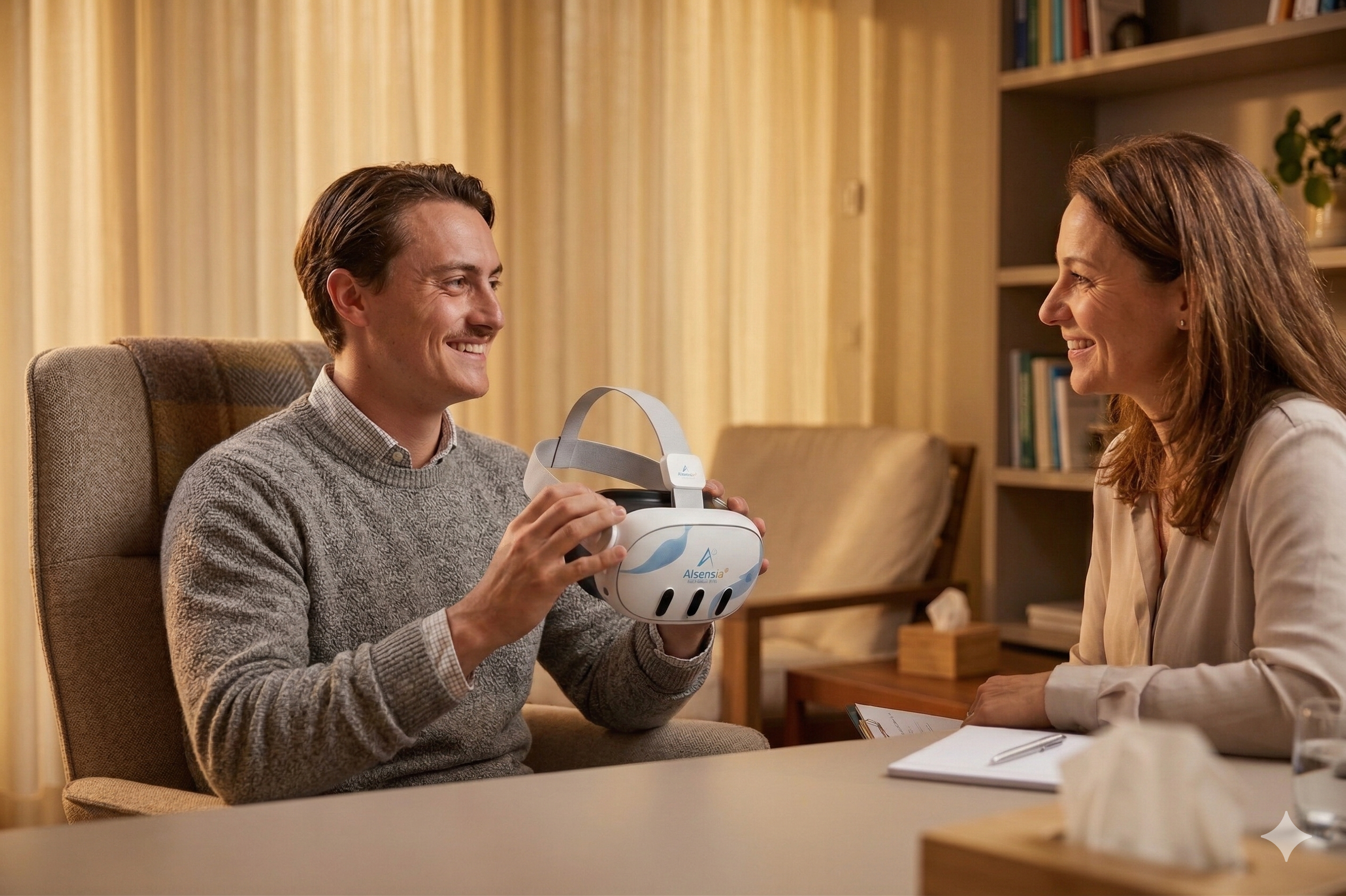 Therapist presenting a VR headset to a patient in a clinical setting